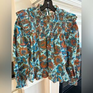 Floral Smocked Blouse in Blue and Orange